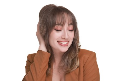 Photo of Attractive woman with stylish haircut on white background