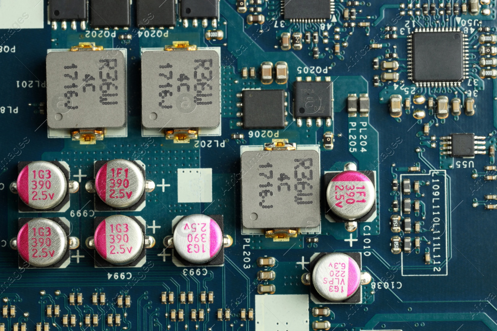 Photo of Electronic circuit board as background, top view