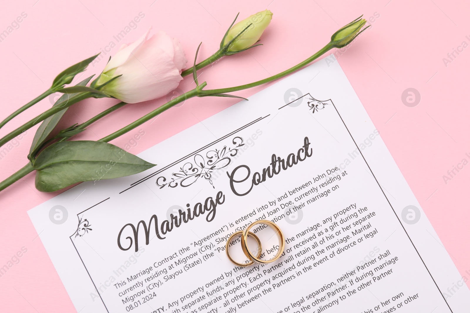 Photo of Marriage contract, flowers and golden rings on pink background, top view