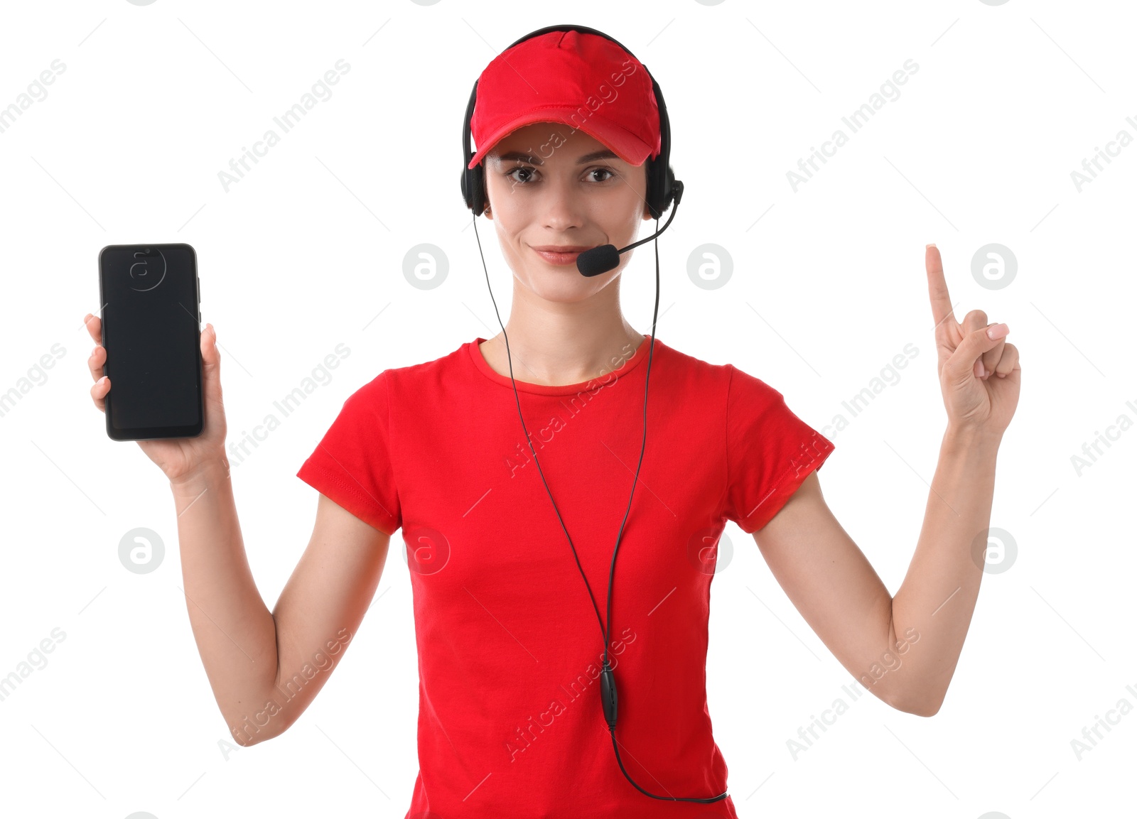 Photo of Fast-food worker with smartphone on white background