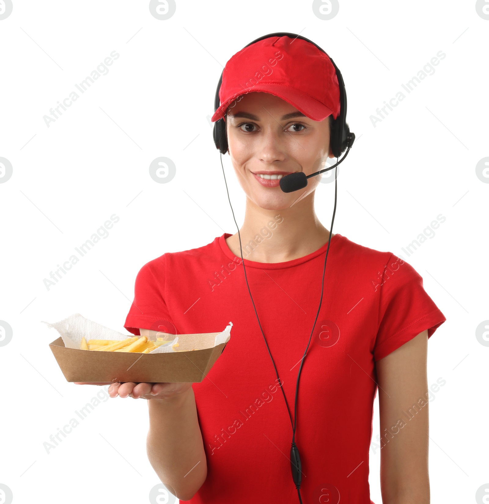 Photo of Fast-food worker holding paper container with fries on white background