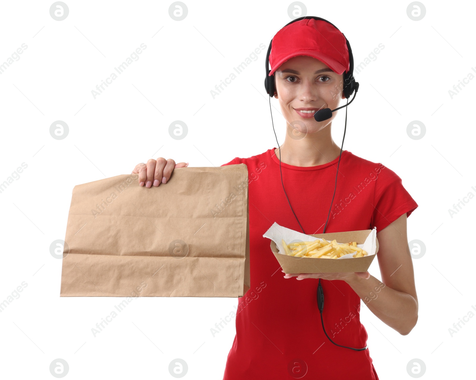 Photo of Fast-food worker with paper bag and fries on white background