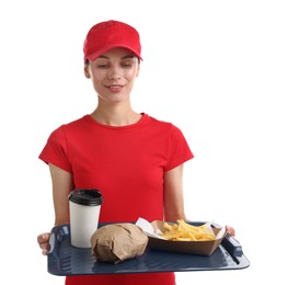 Fast-food worker holding tray with order on white background