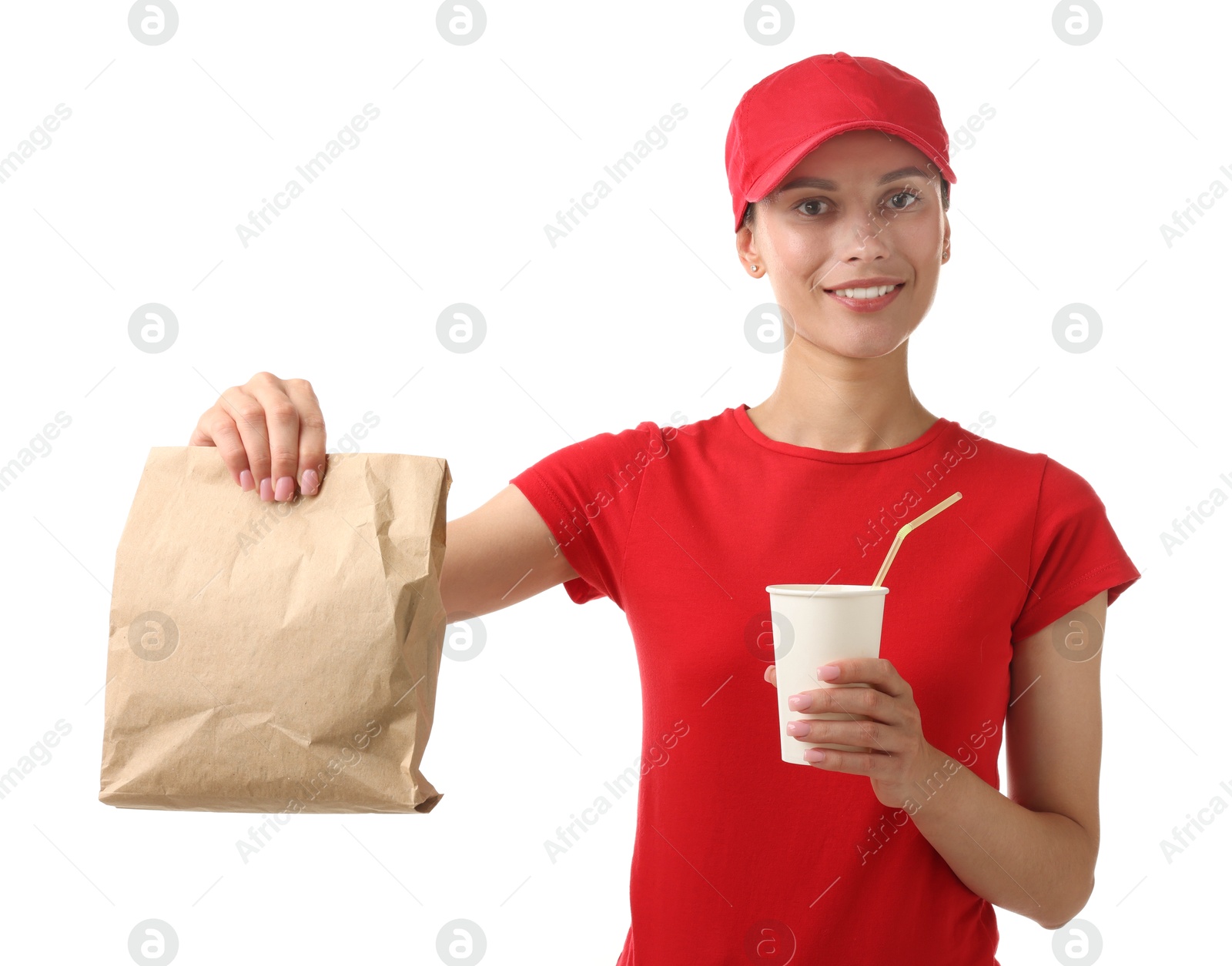 Photo of Fast-food worker with paper bag and cup on white background