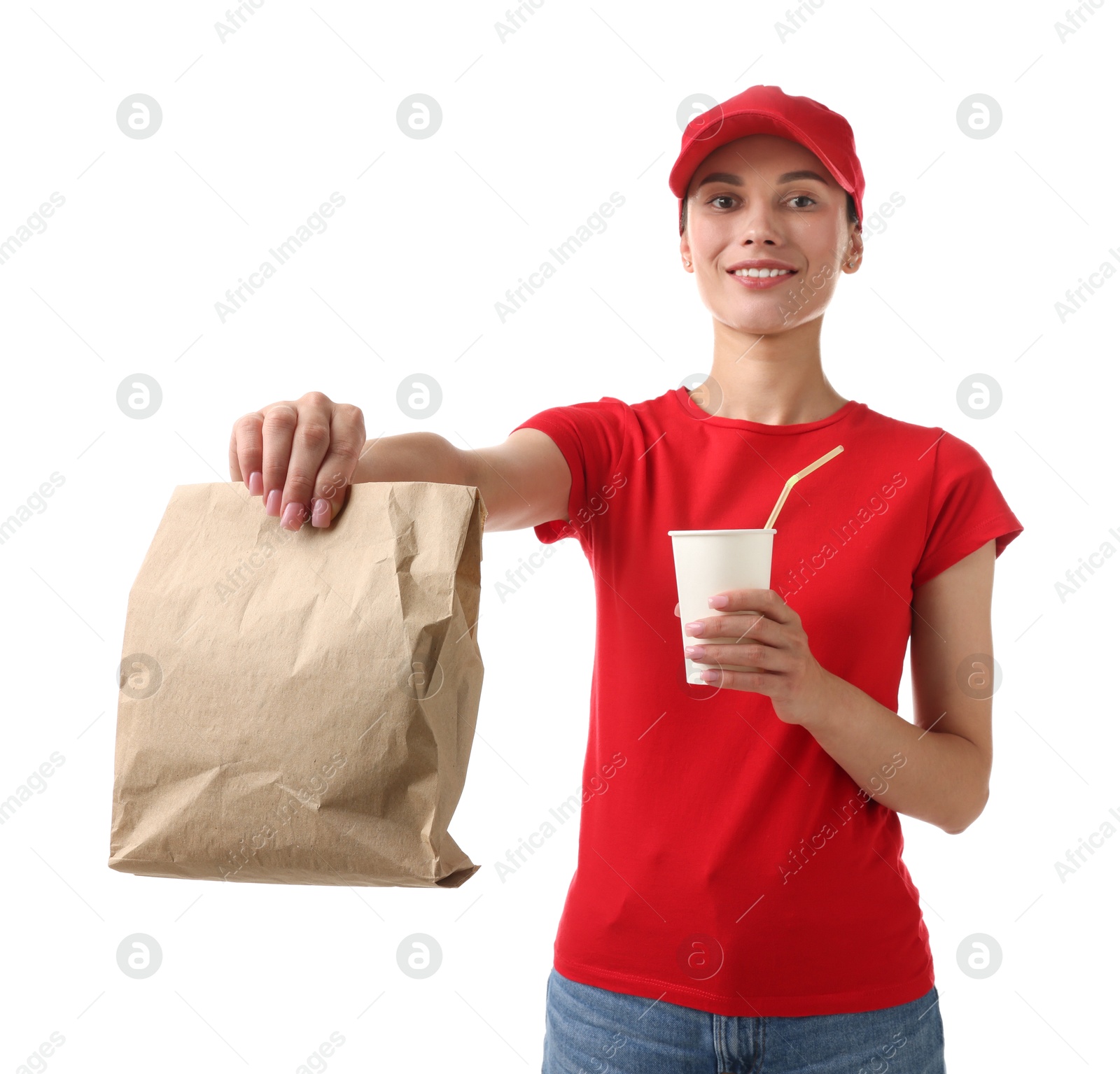 Photo of Fast-food worker with paper bag and cup on white background