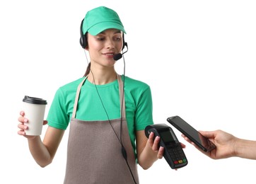 Fast-food worker taking payment from client via terminal on white background, closeup