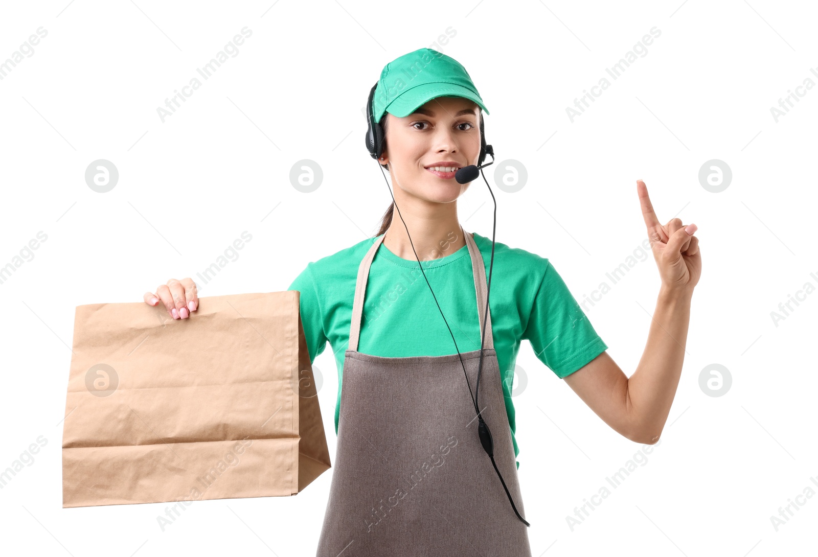 Photo of Fast-food worker with paper bag on white background