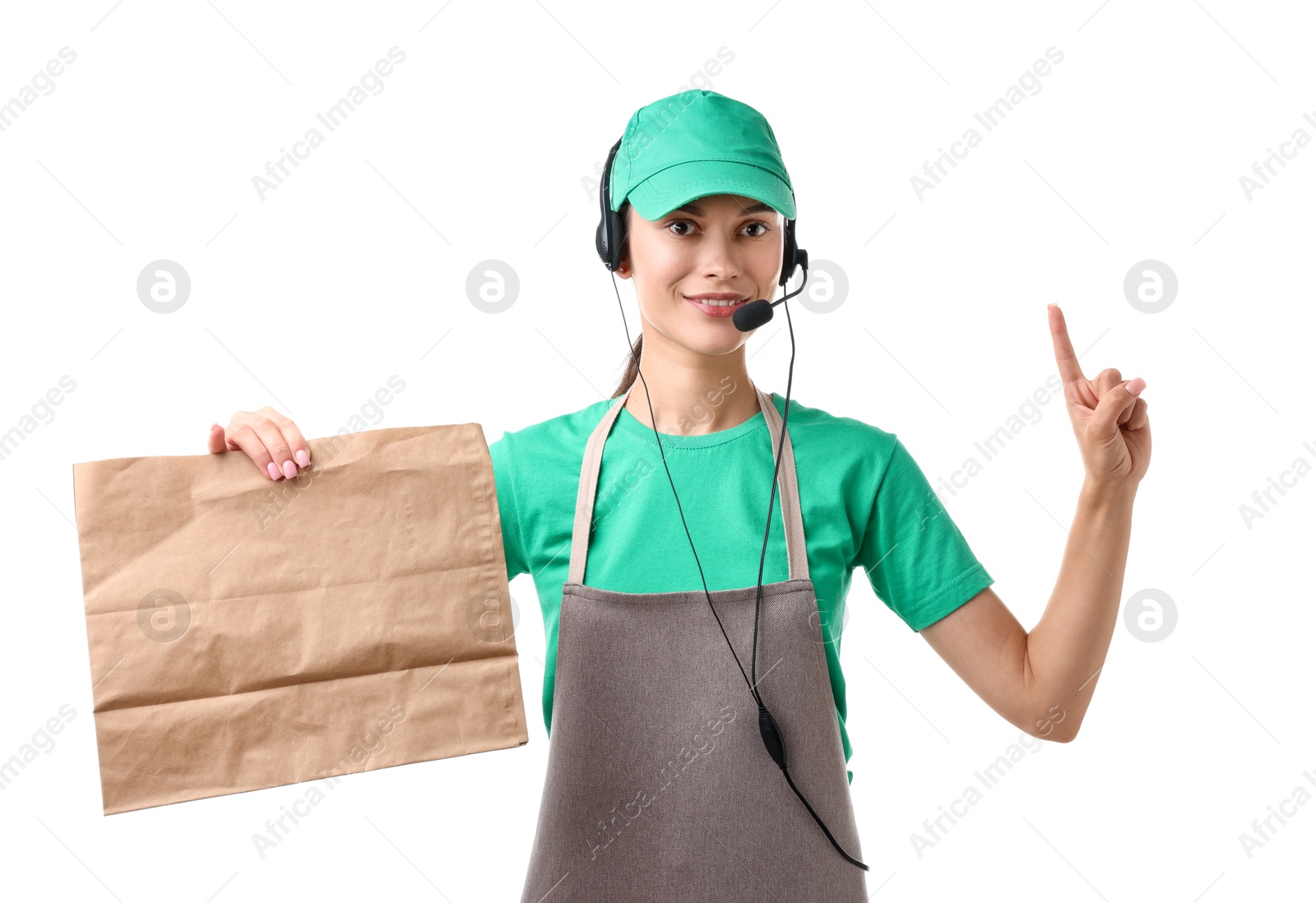 Photo of Fast-food worker with paper bag on white background