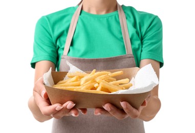 Photo of Fast-food worker holding paper container with fries on white background, closeup