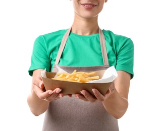 Photo of Fast-food worker holding paper container with fries on white background, closeup