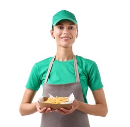 Photo of Fast-food worker holding paper container with fries on white background