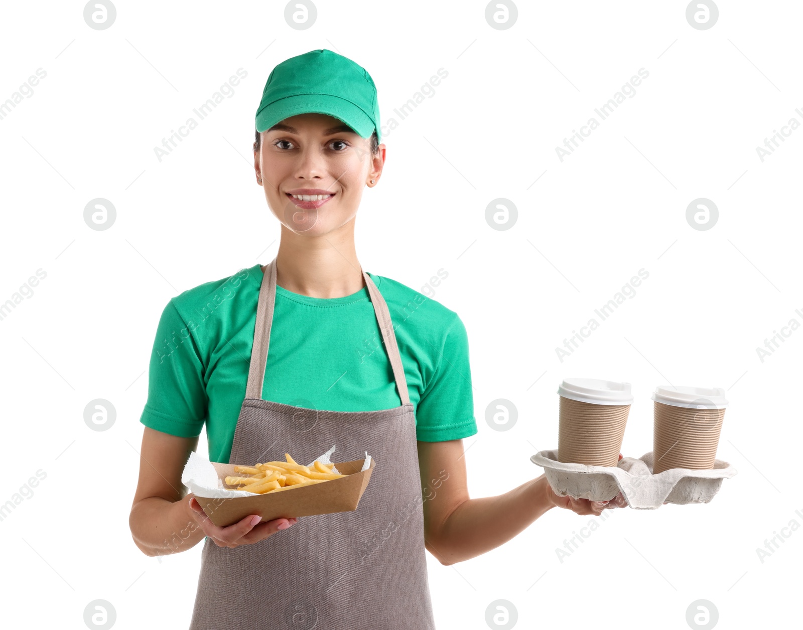 Photo of Fast-food worker with paper cups and fries on white background