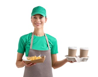 Photo of Fast-food worker with paper cups and fries on white background