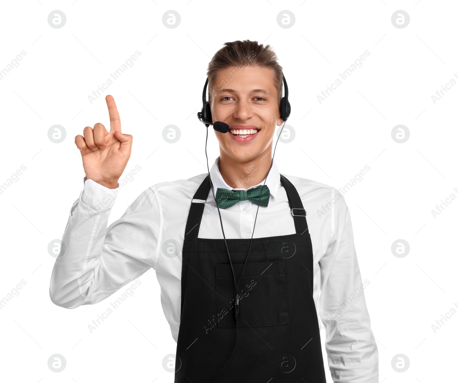 Photo of Portrait of smiling fast-food worker on white background