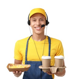 Photo of Fast-food worker holding paper container with French fries and cups on white background