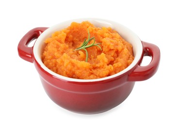 Photo of Tasty mashed sweet potato with rosemary in pot isolated on white