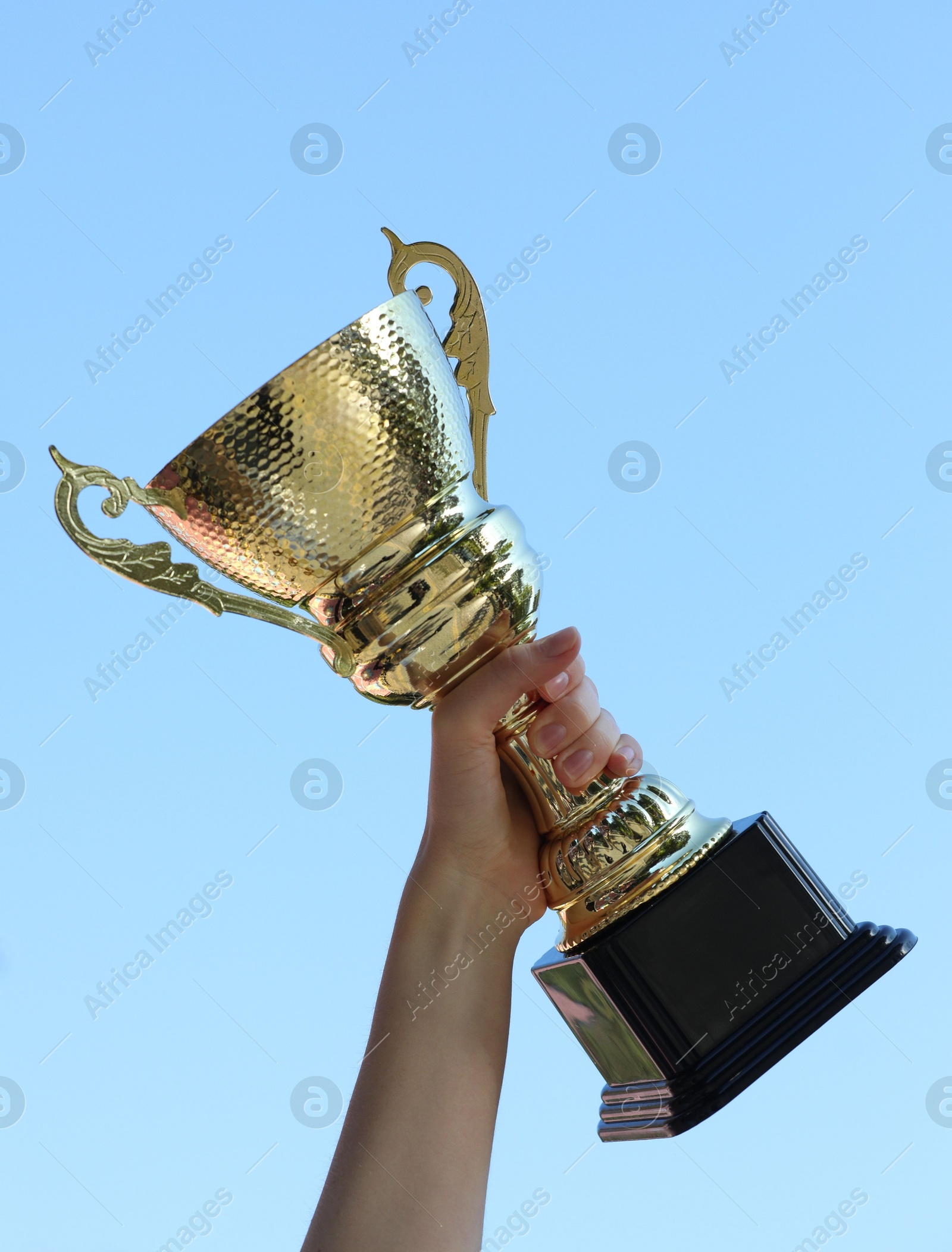 Photo of Woman holding golden trophy against blue sky outdoors, closeup