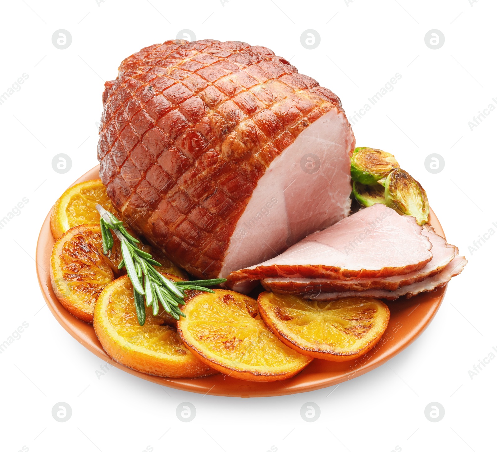 Photo of Christmas food. Tasty baked ham, oranges and vegetables isolated on white