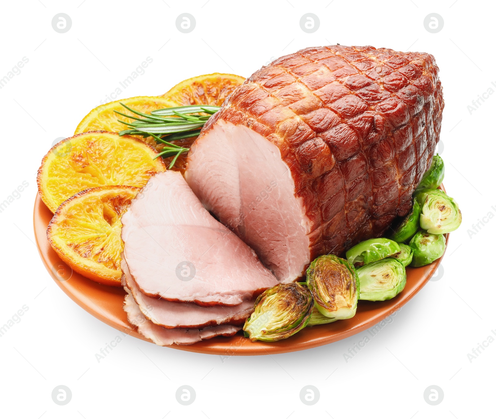 Photo of Christmas food. Tasty baked ham, oranges and vegetables isolated on white