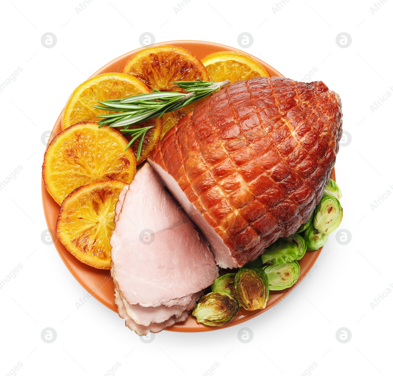 Photo of Christmas food. Tasty baked ham, oranges and vegetables isolated on white, top view