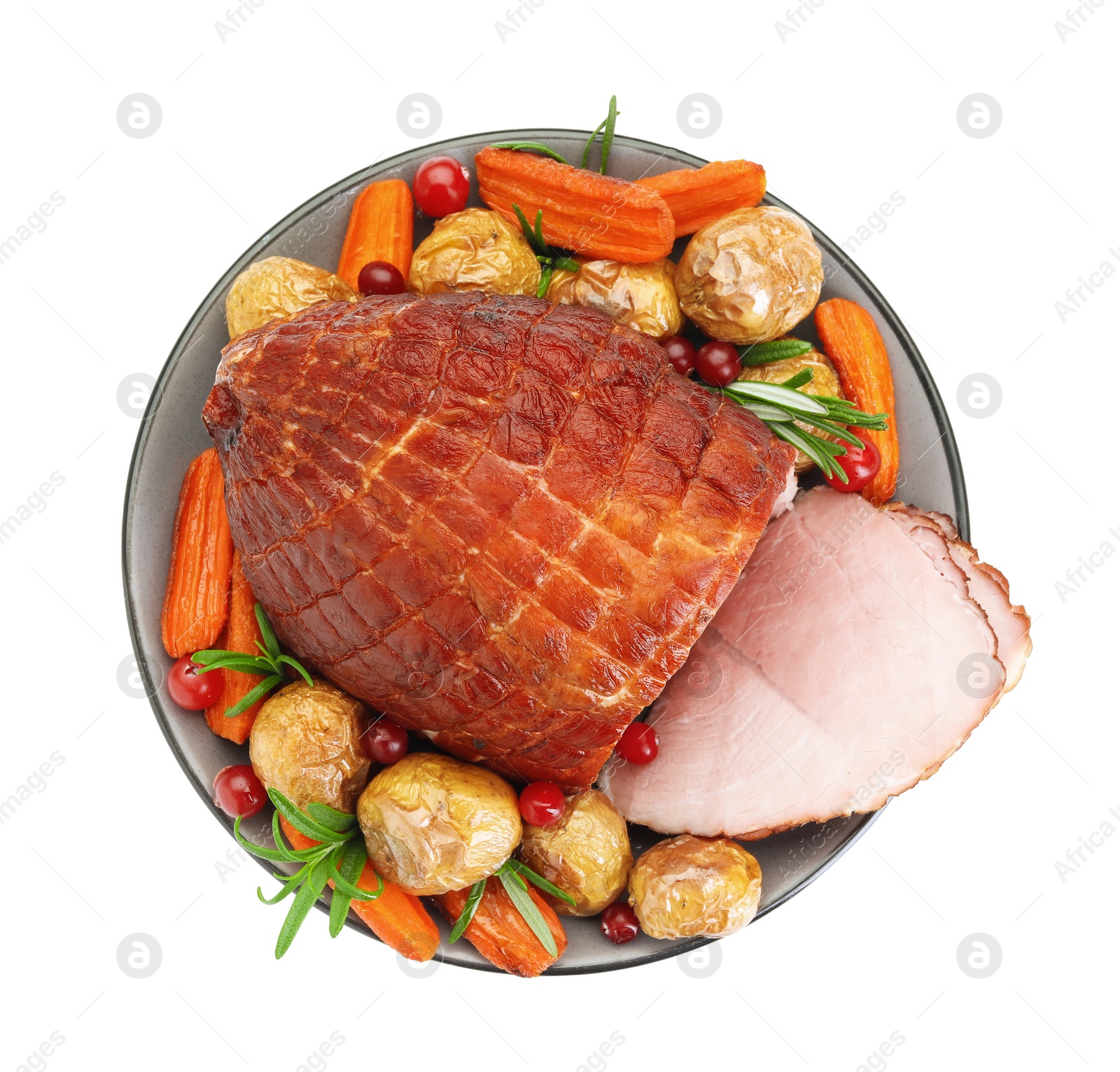 Photo of Christmas food. Tasty baked ham, vegetables and mushrooms isolated on white, top view