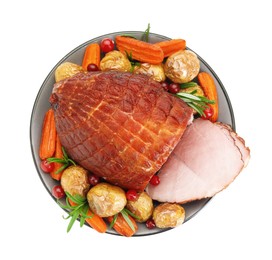 Photo of Christmas food. Tasty baked ham, vegetables and mushrooms isolated on white, top view