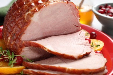 Tasty baked ham served on table, closeup