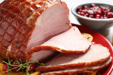 Tasty baked ham served on table, closeup