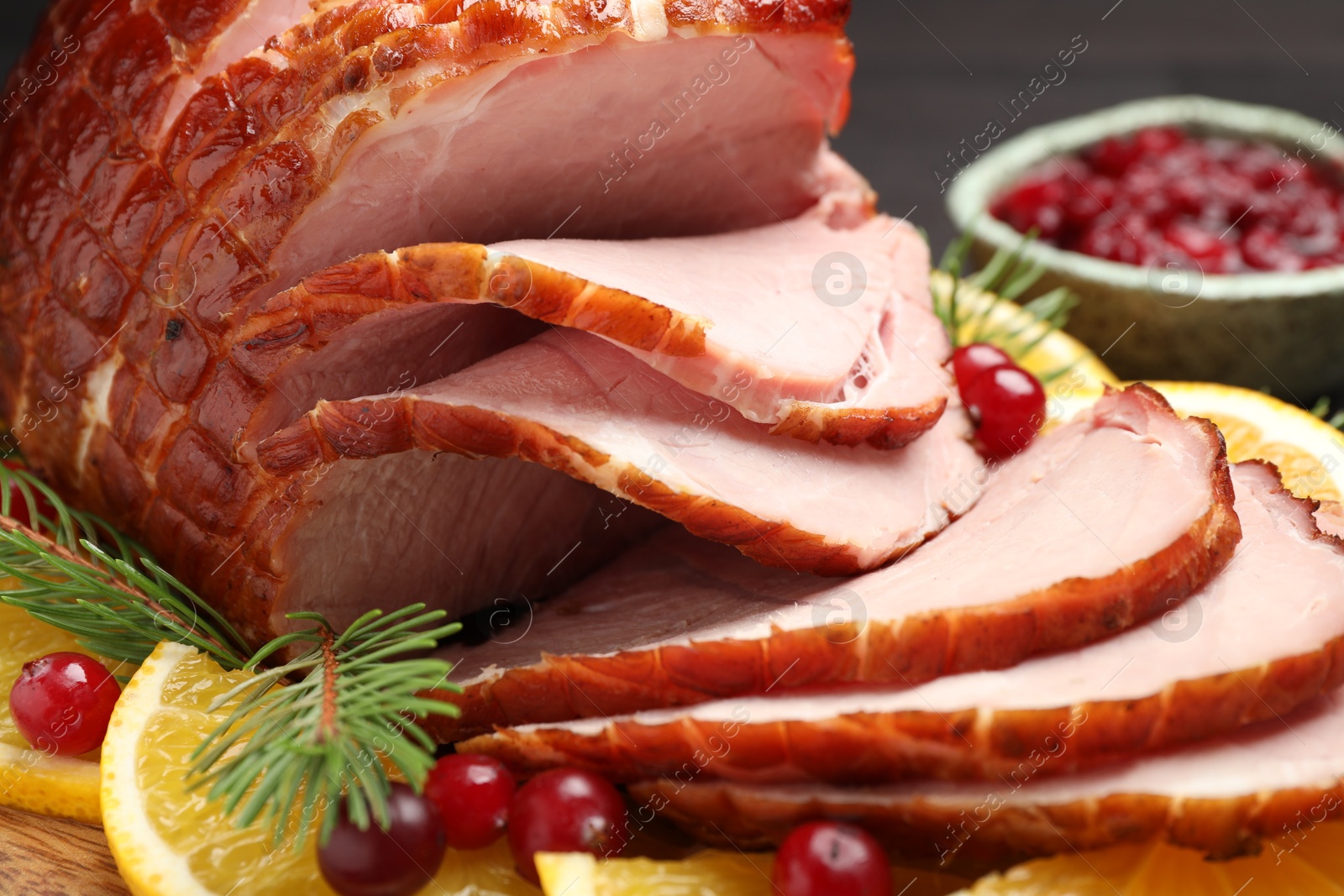 Photo of Tasty baked ham served on table, closeup