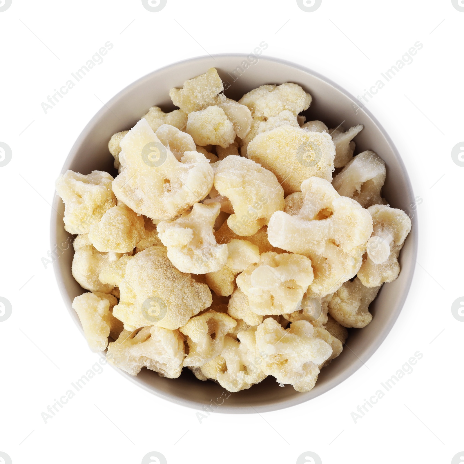 Photo of Frozen cauliflower in bowl isolated on white, top view