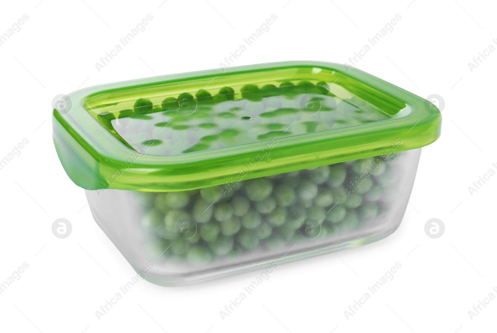 Photo of Frozen peas in container isolated on white