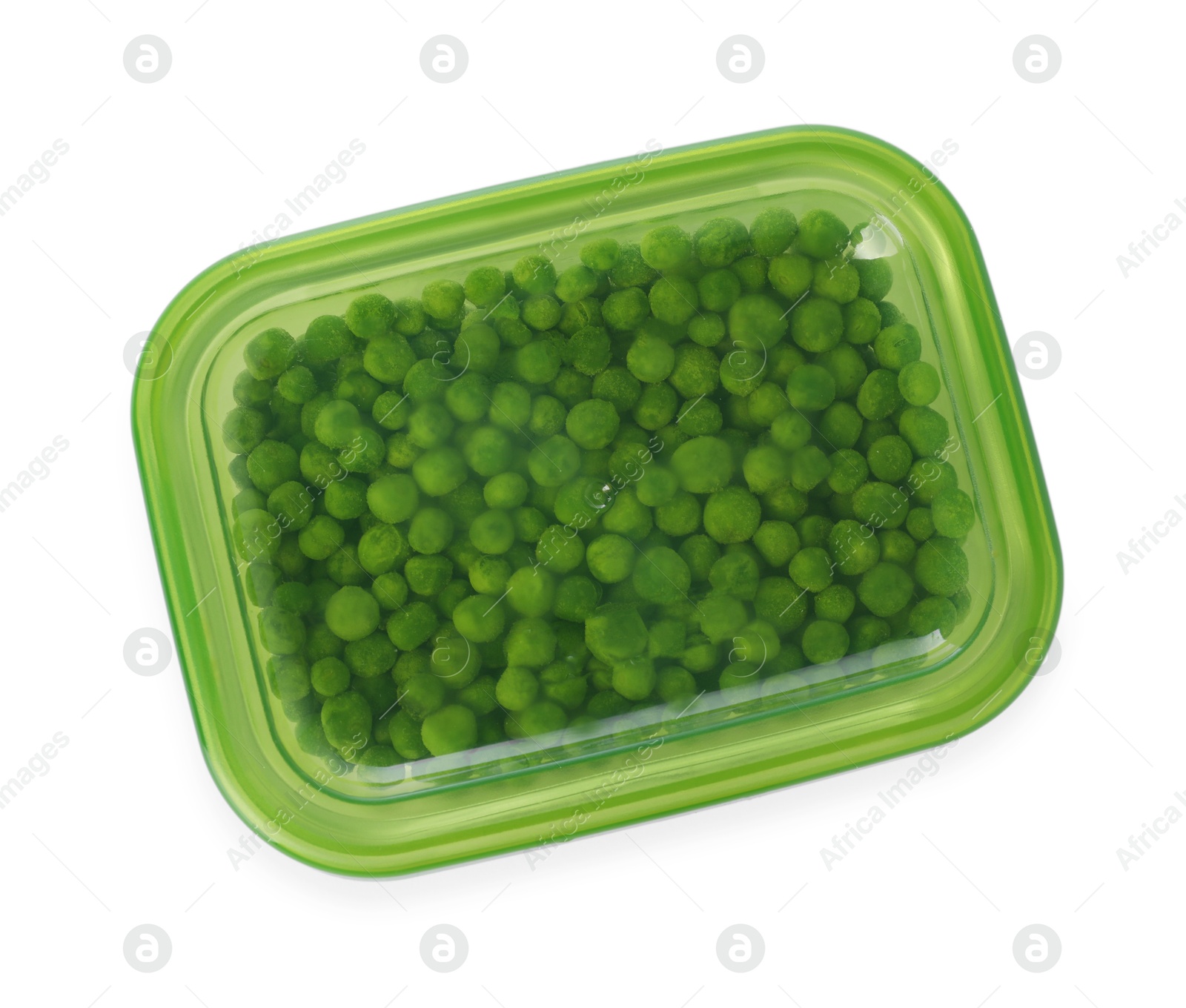 Photo of Frozen peas in container isolated on white, top view