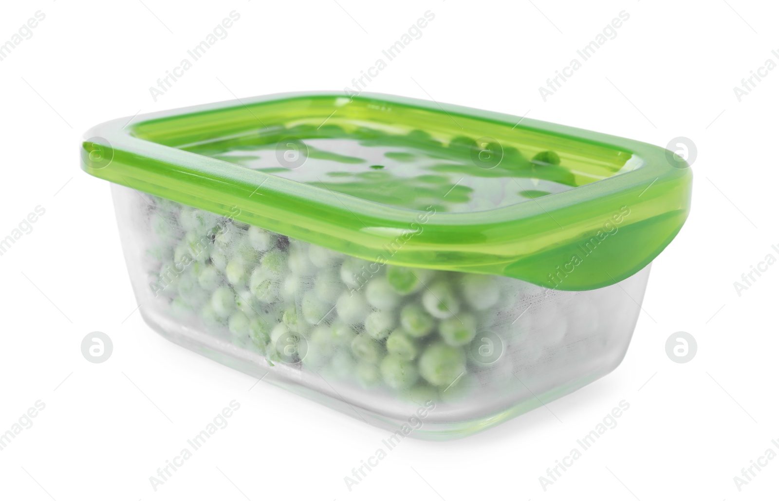 Photo of Frozen peas in container isolated on white