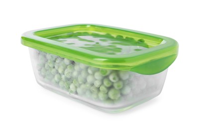 Photo of Frozen peas in container isolated on white