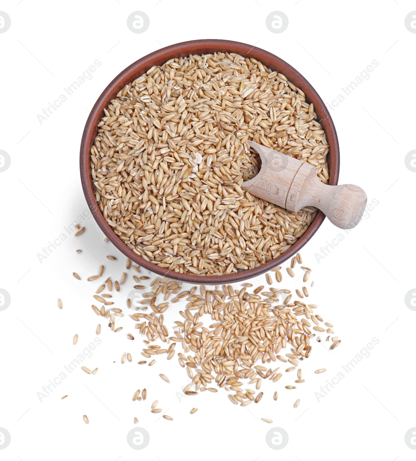 Photo of Oat grains in bowl and scoop isolated on white, top view