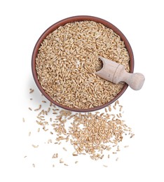 Photo of Oat grains in bowl and scoop isolated on white, top view