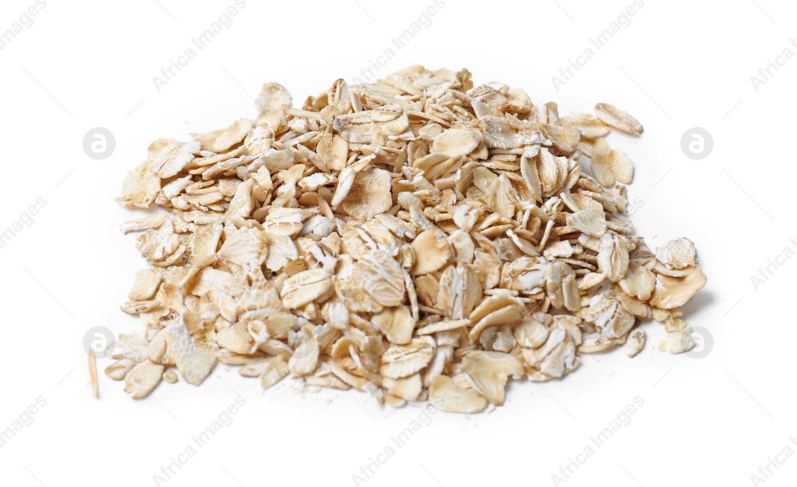 Photo of Many dry oat flakes isolated on white