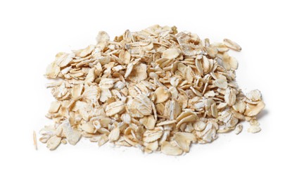 Photo of Many dry oat flakes isolated on white