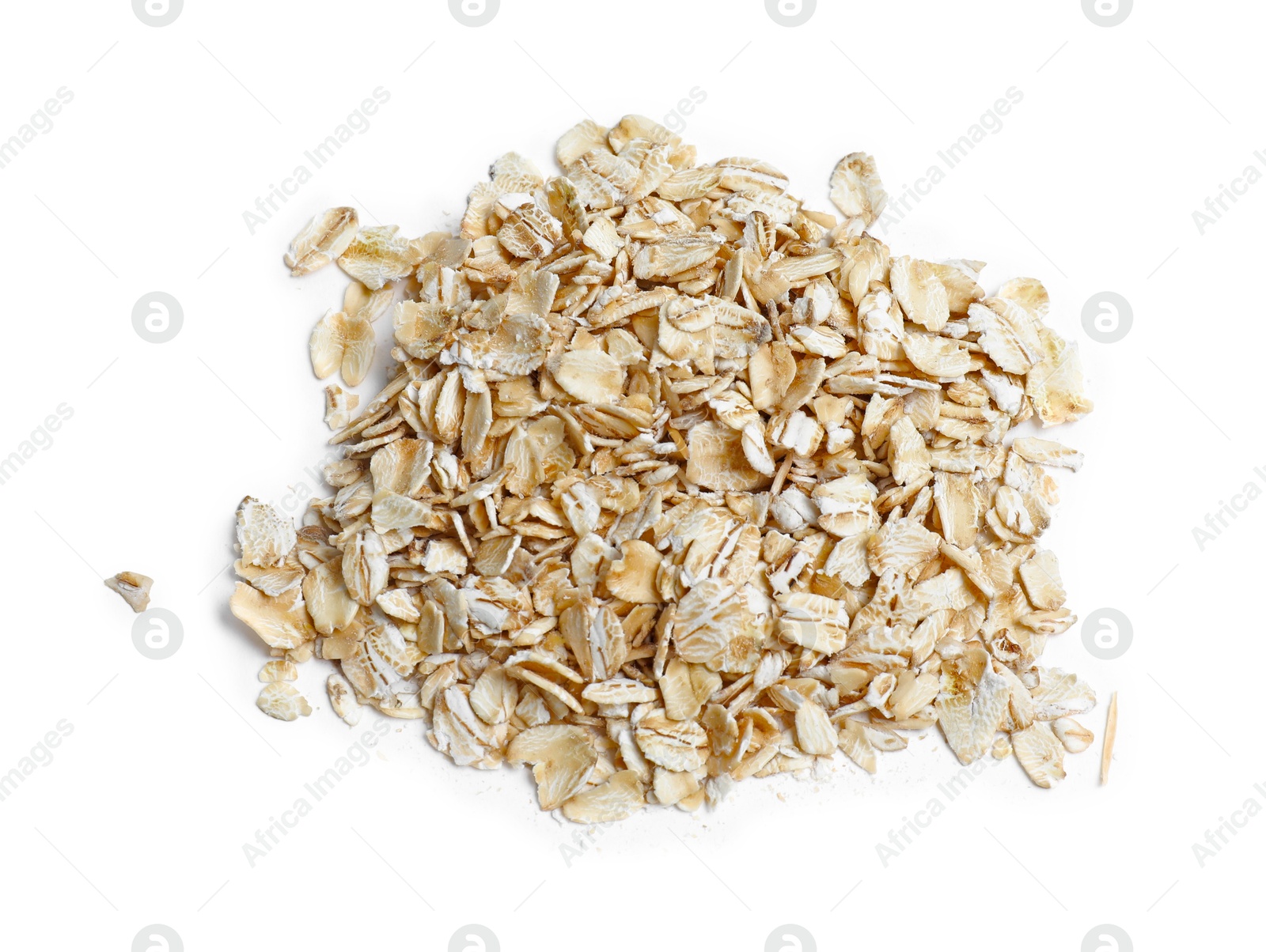 Photo of Oat flakes isolated on white, top view