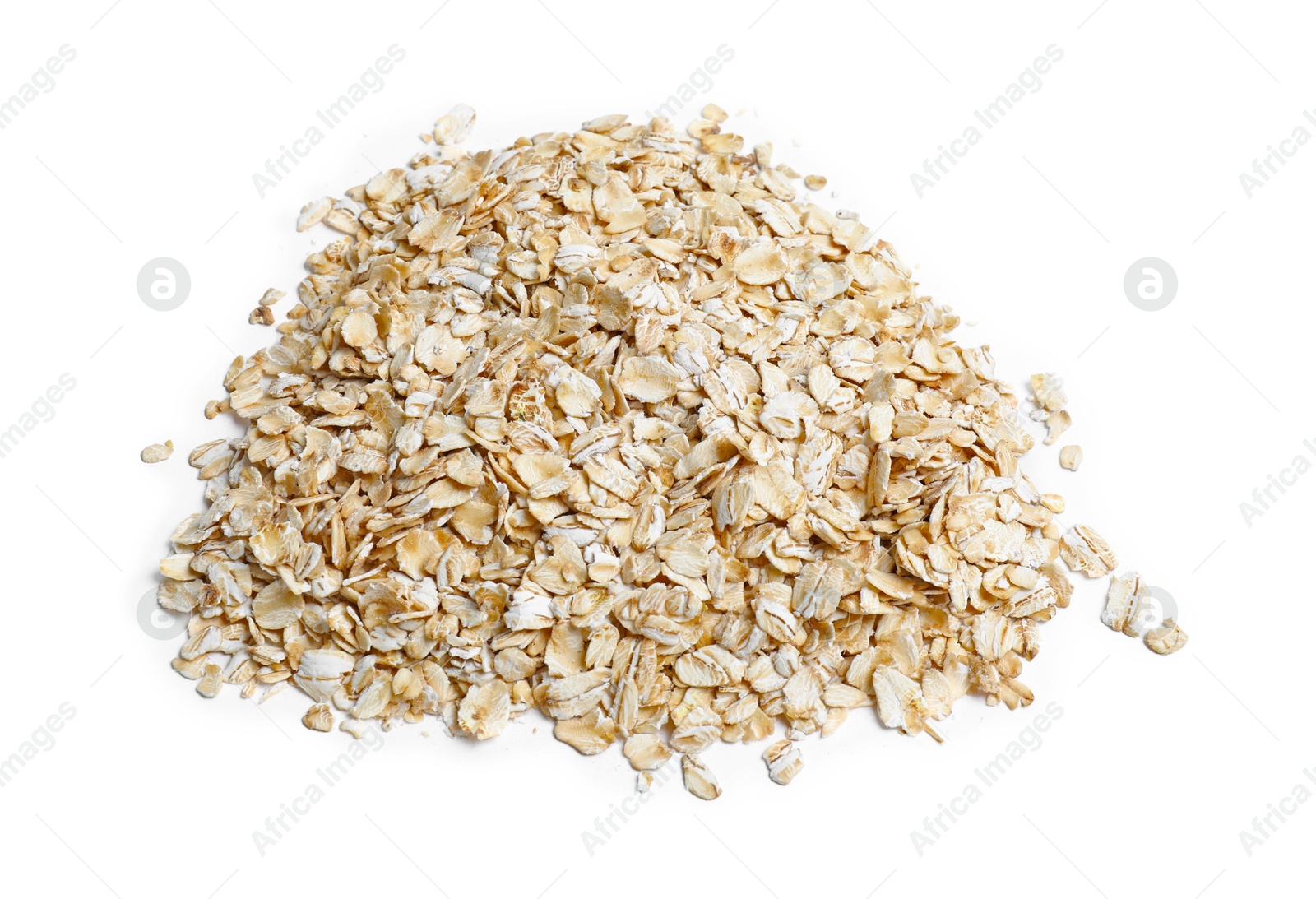 Photo of Many dry oat flakes isolated on white