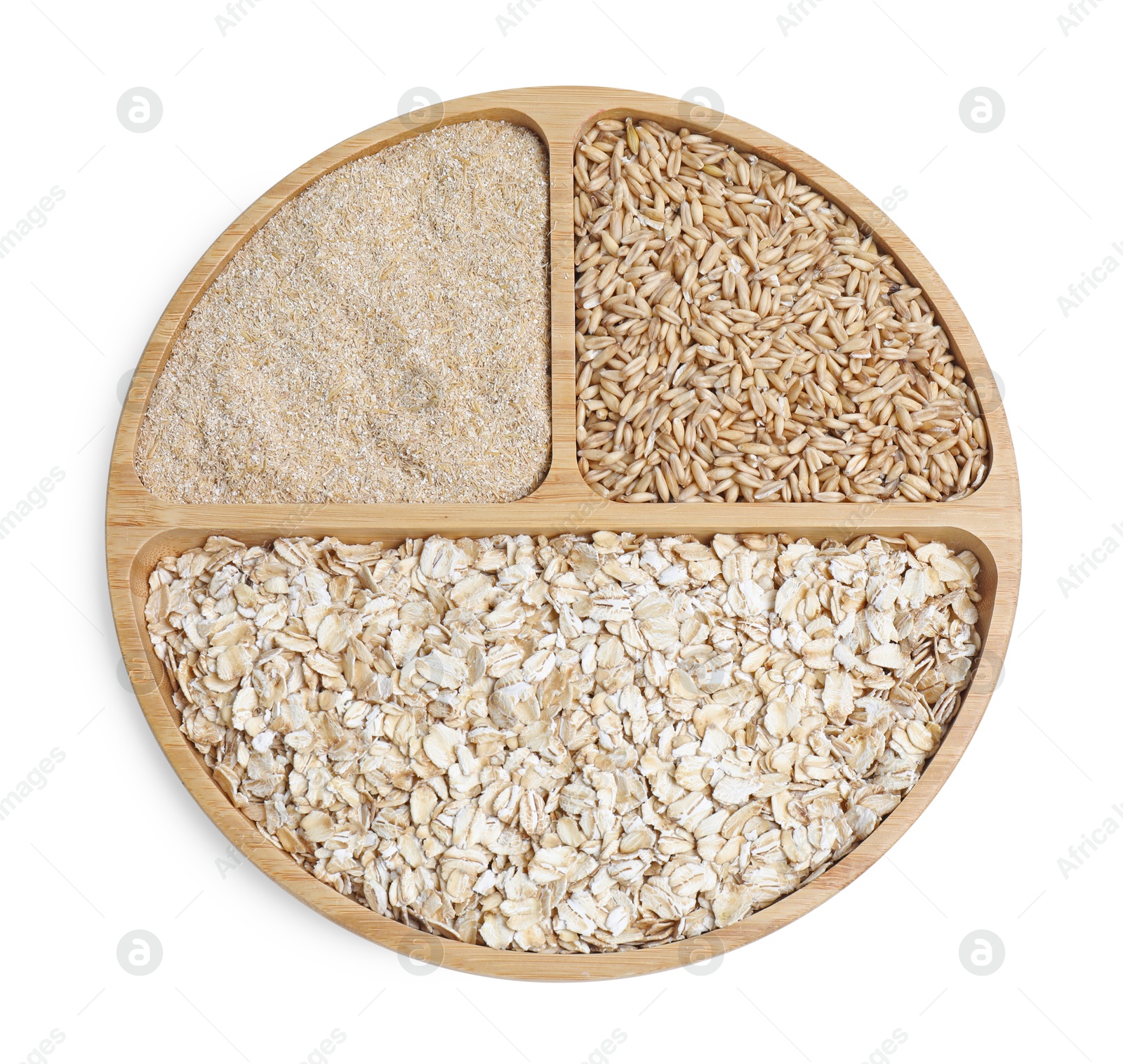 Photo of Oat grains, flakes and bran isolated on white, top view