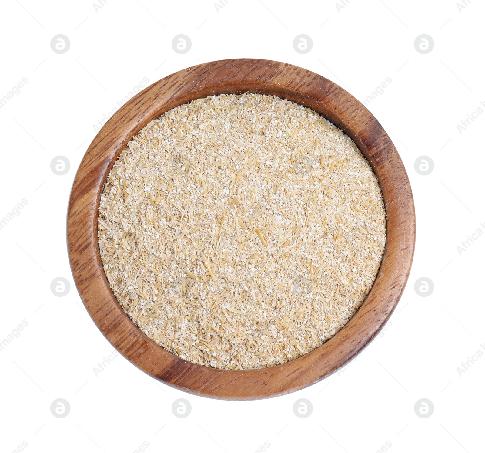 Photo of Oat bran in bowl isolated on white, top view