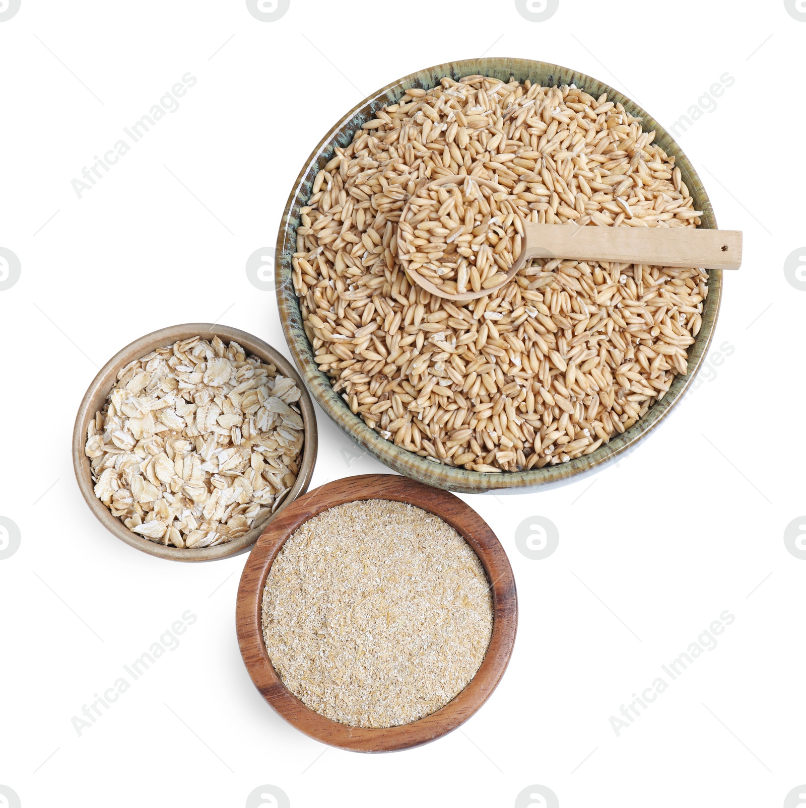 Photo of Oat grains, flakes and bran in bowls isolated on white, top view