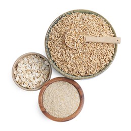 Photo of Oat grains, flakes and bran in bowls isolated on white, top view