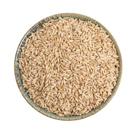 Oat grains in bowl isolated on white, top view