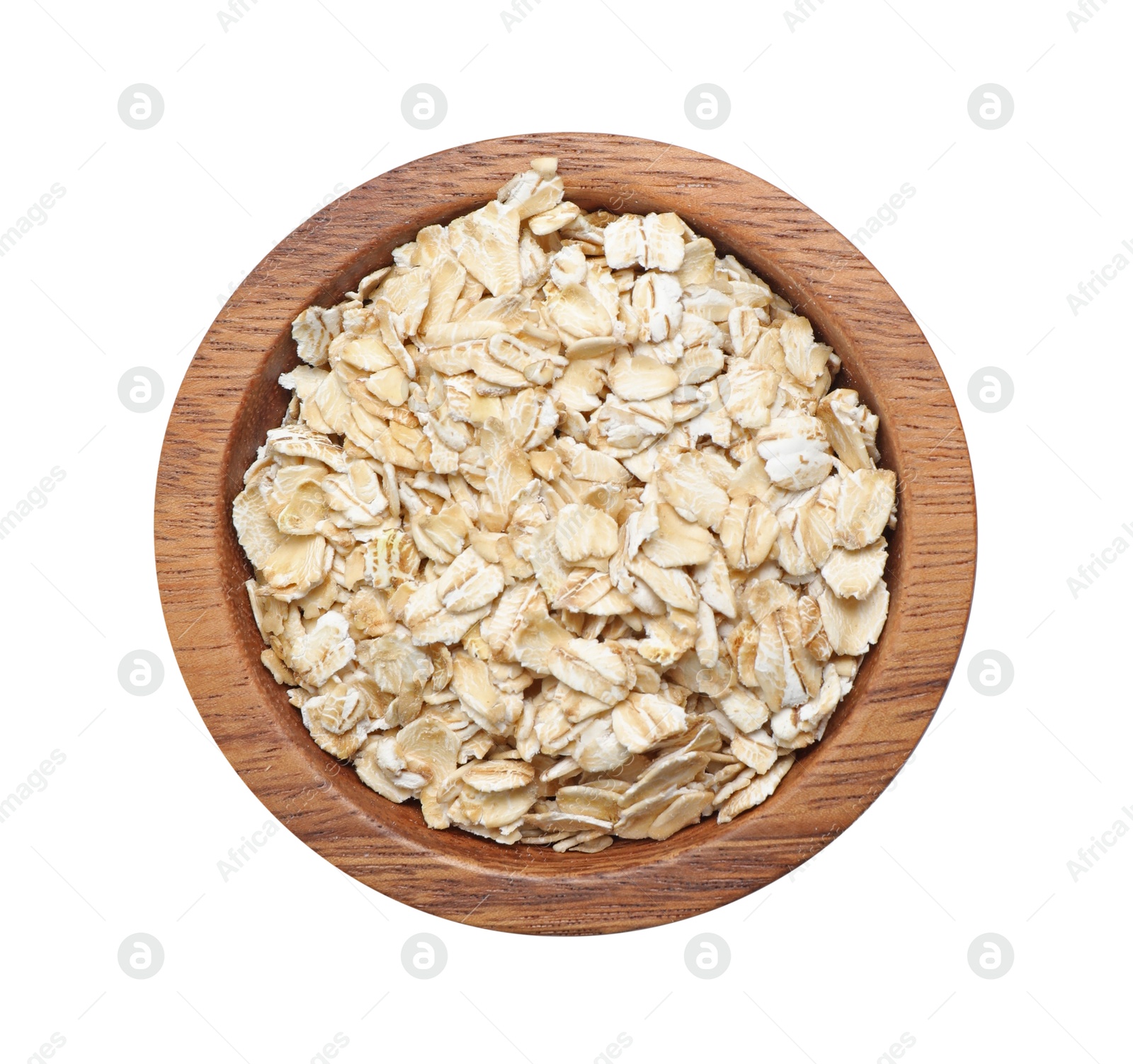 Photo of Oat flakes in bowl isolated on white, top view