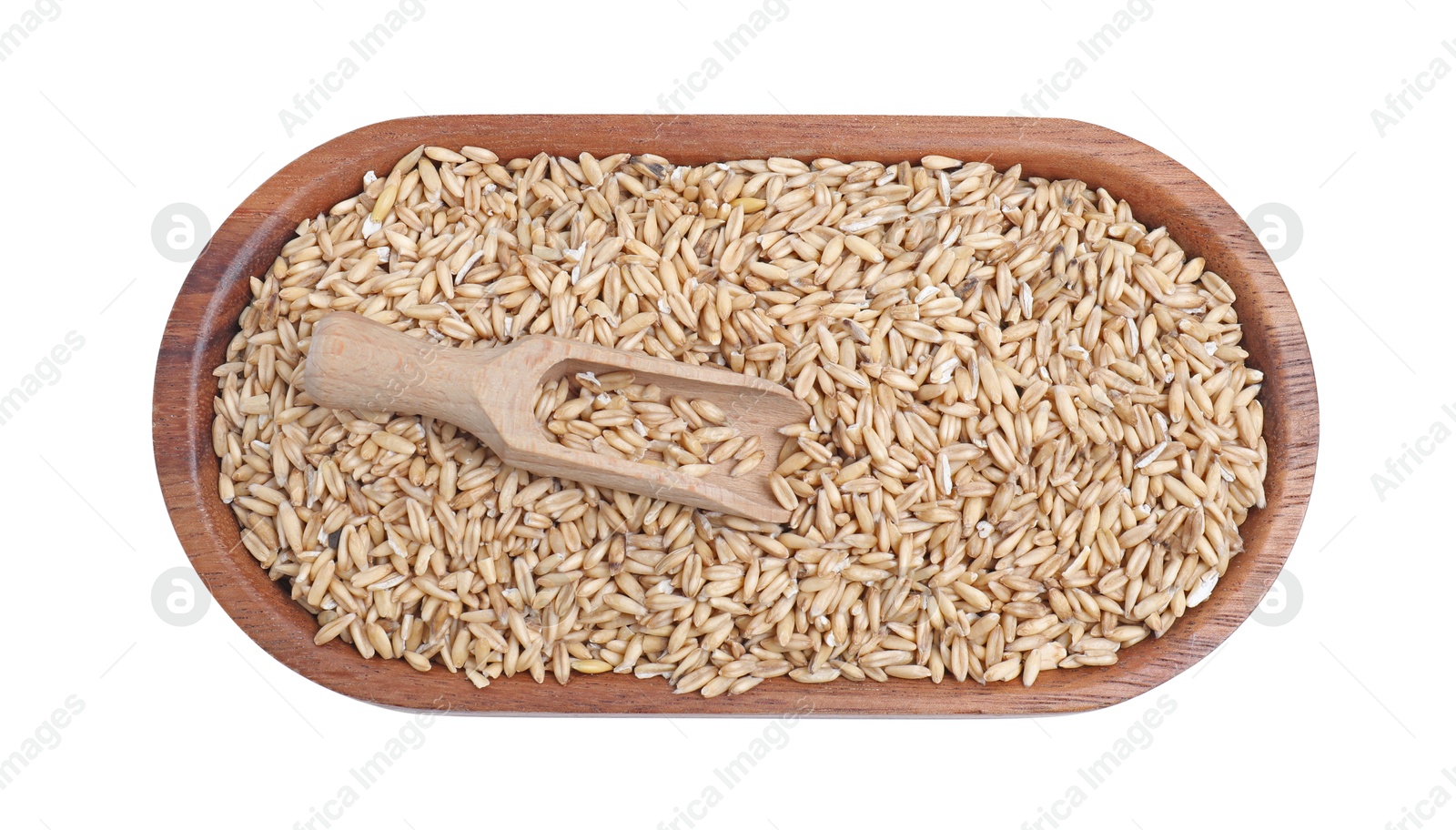 Photo of Oat grains and scoop isolated on white, top view