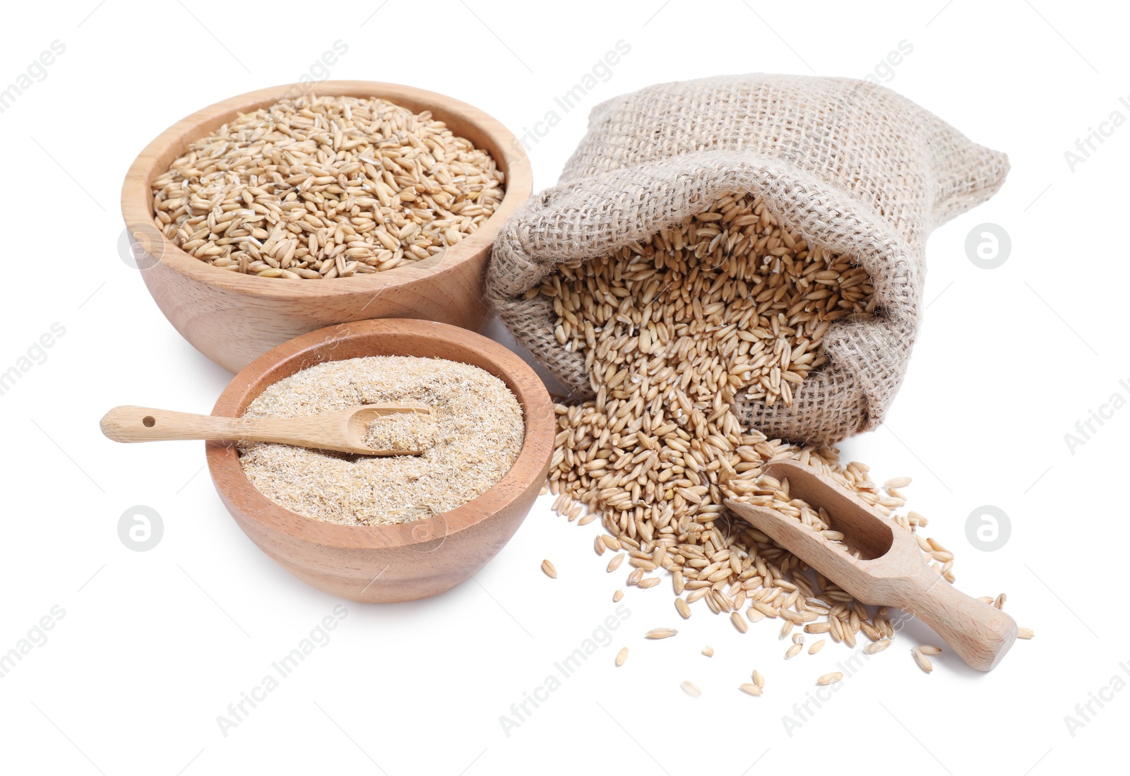 Photo of Sack with oat grains, bran in bowl, scoop and spoon isolated on white