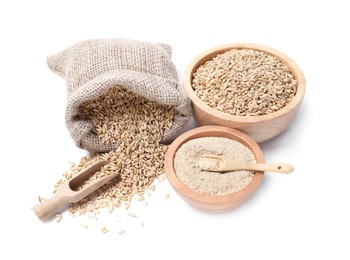 Photo of Sack with oat grains, bran in bowl, scoop and spoon isolated on white