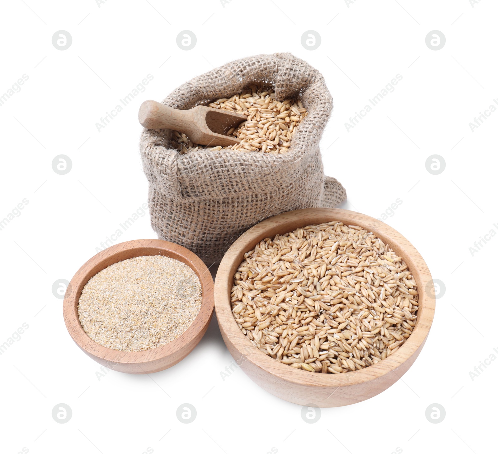 Photo of Sack with grains, bran in bowl and scoop isolated on white